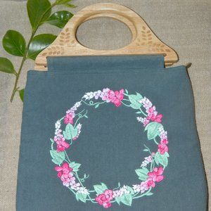 Vintage Purse Wood Handles Canvas Floral Blue